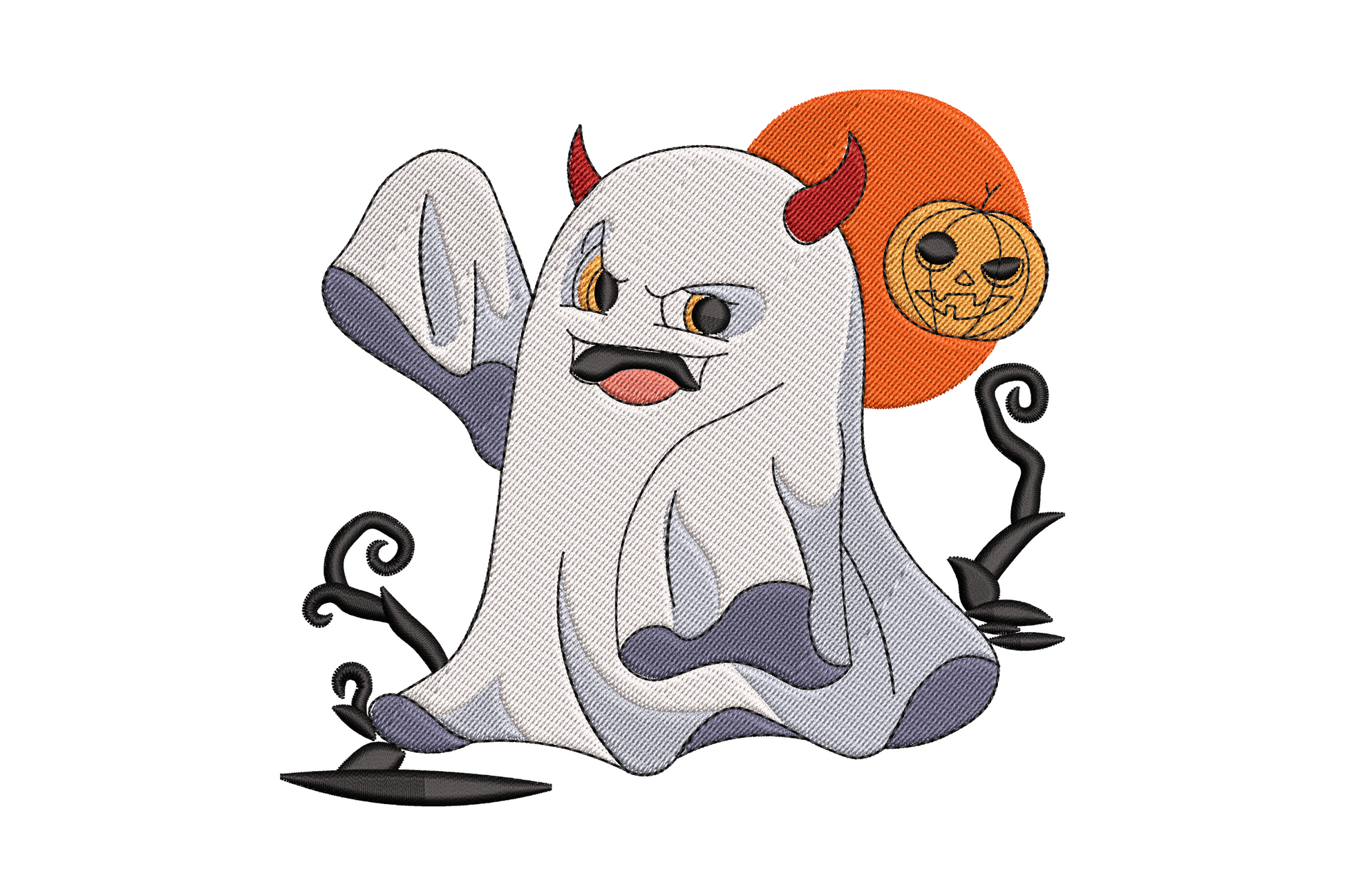 Cute devil ghost Halloween embroidery design, round ghost with devil horns holding orange jack-o-lantern pumpkin, 8 colour kids design