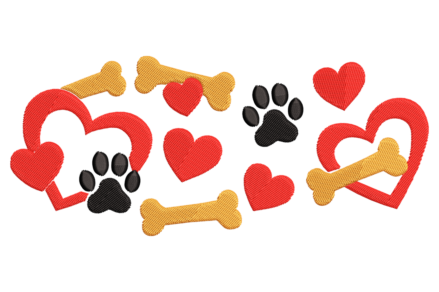 Machine embroidery design with Dog Mom text in chocolate brown, scarlet heart and brown paw print, 3 colours, vertical stacked layout on kraft canvas