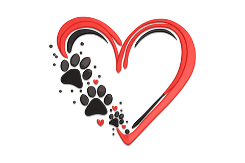 Cute dog paw heart embroidery design showing a satin-filled paw print inside a heart outline, 2-colour graphic icon at density 286 stitched on fabric