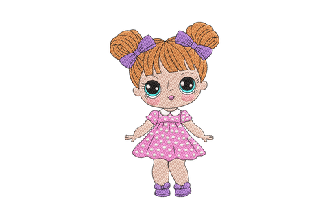 Doll girl embroidery design with orange bun hair, purple bows, teal eyes, pink polka-dot dress and purple shoes in a chibi LOL style.