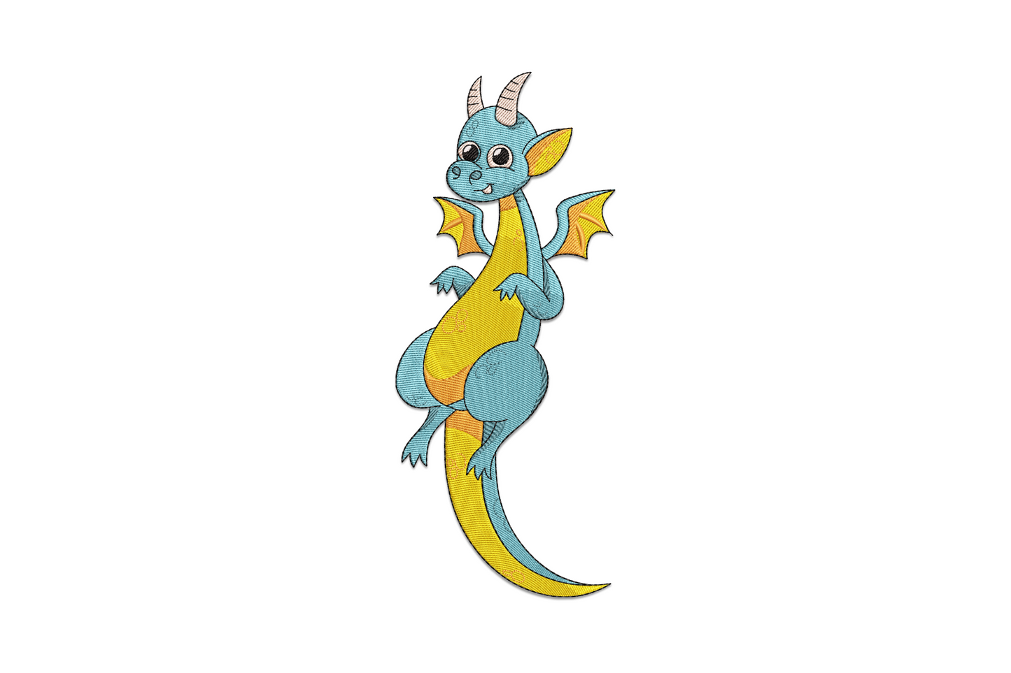 Cute dragon embroidery with teal body, lime belly scales, coral flame puff, and chunky cartoon outlines in seven colours
