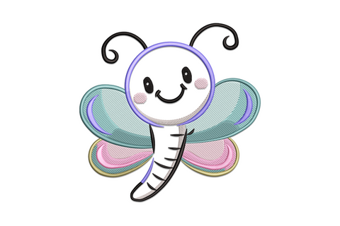 Cute cartoon dragonfly embroidery design in turquoise, lime green, and lavender with big round eyes and glassy wings