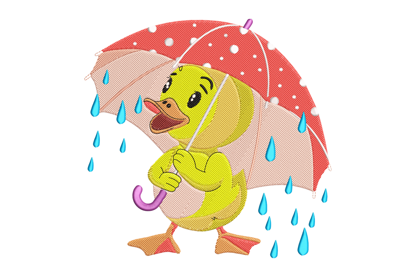 Kawaii cartoon duck holding a multicolour umbrella with rain droplets, soft yellow and pink tones, centred kawaii kids embroidery design