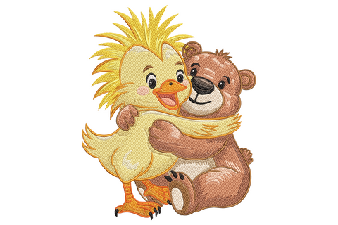Duck and teddy bear hug machine embroidery design, butter yellow duckling hugging chocolate brown bear with scarlet bow on cream pillow