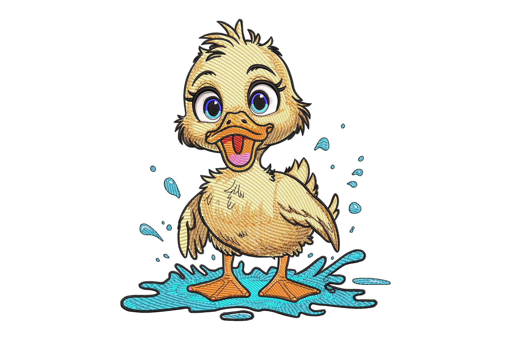Cute baby duckling machine embroidery with raised wing pose, fluffy tatami texture and 15 thread colours in soft yellows and orange
