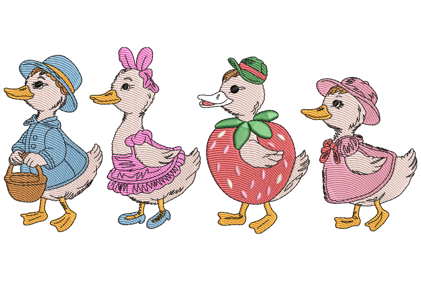 Cute ducks family embroidery design showing four dressed ducks in a row: dad in blue coat with basket, mum in pink dress, one in strawberry costume, one in pink bonnet.