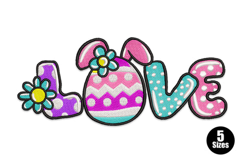 Easter LOVE word art embroidery design with decorated egg replacing the O, pink bunny ears, teal daisy accents and each letter in a different pastel Easter pattern.
