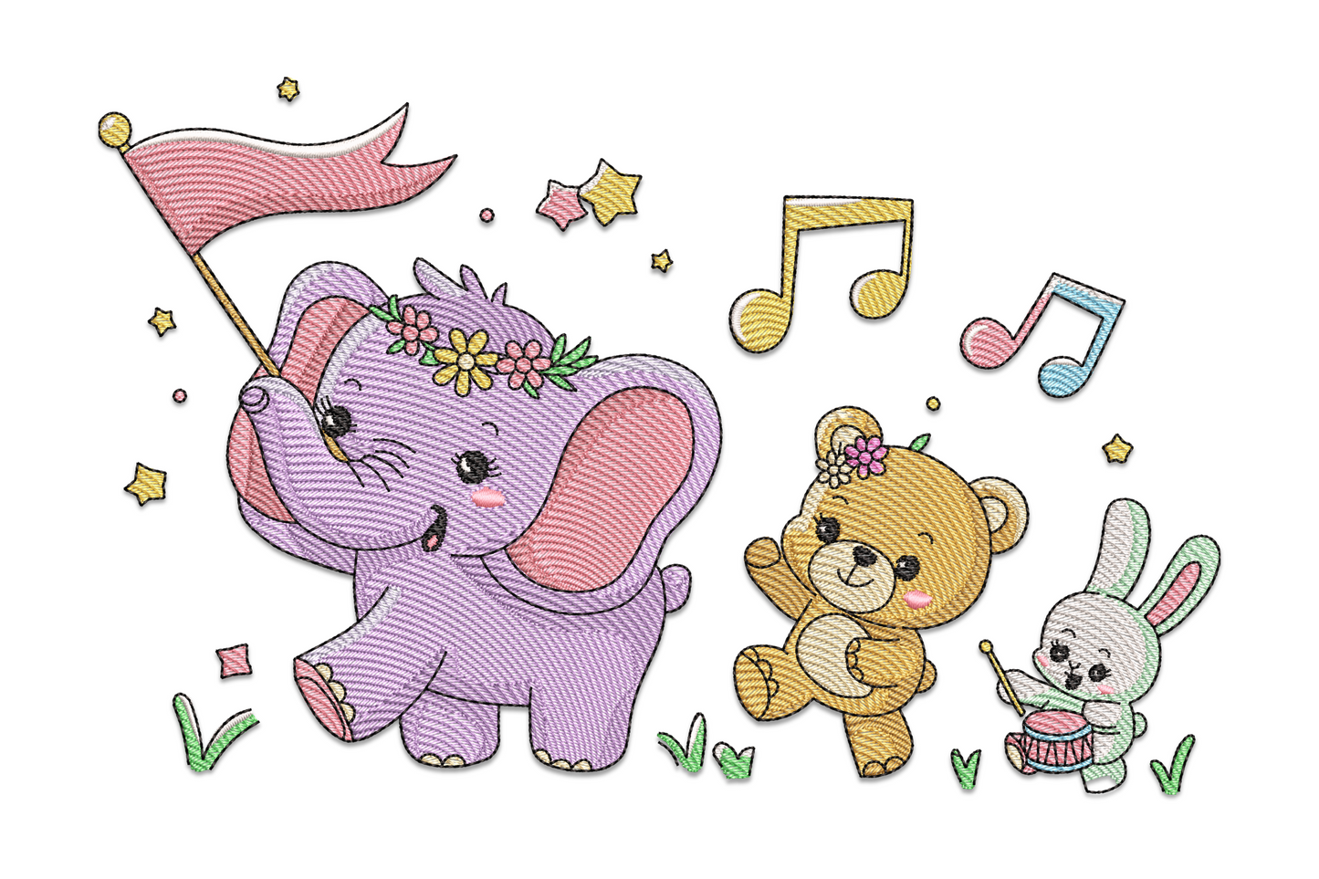 Cute elephant bear bunny music embroidery design with three chibi cartoon animals playing instruments in soft pastel colours