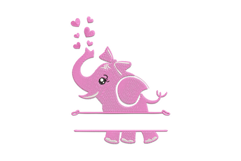 Cute elephant monogram embroidery design with heart balloons and name banner, hot pink and black, baby nursery style.