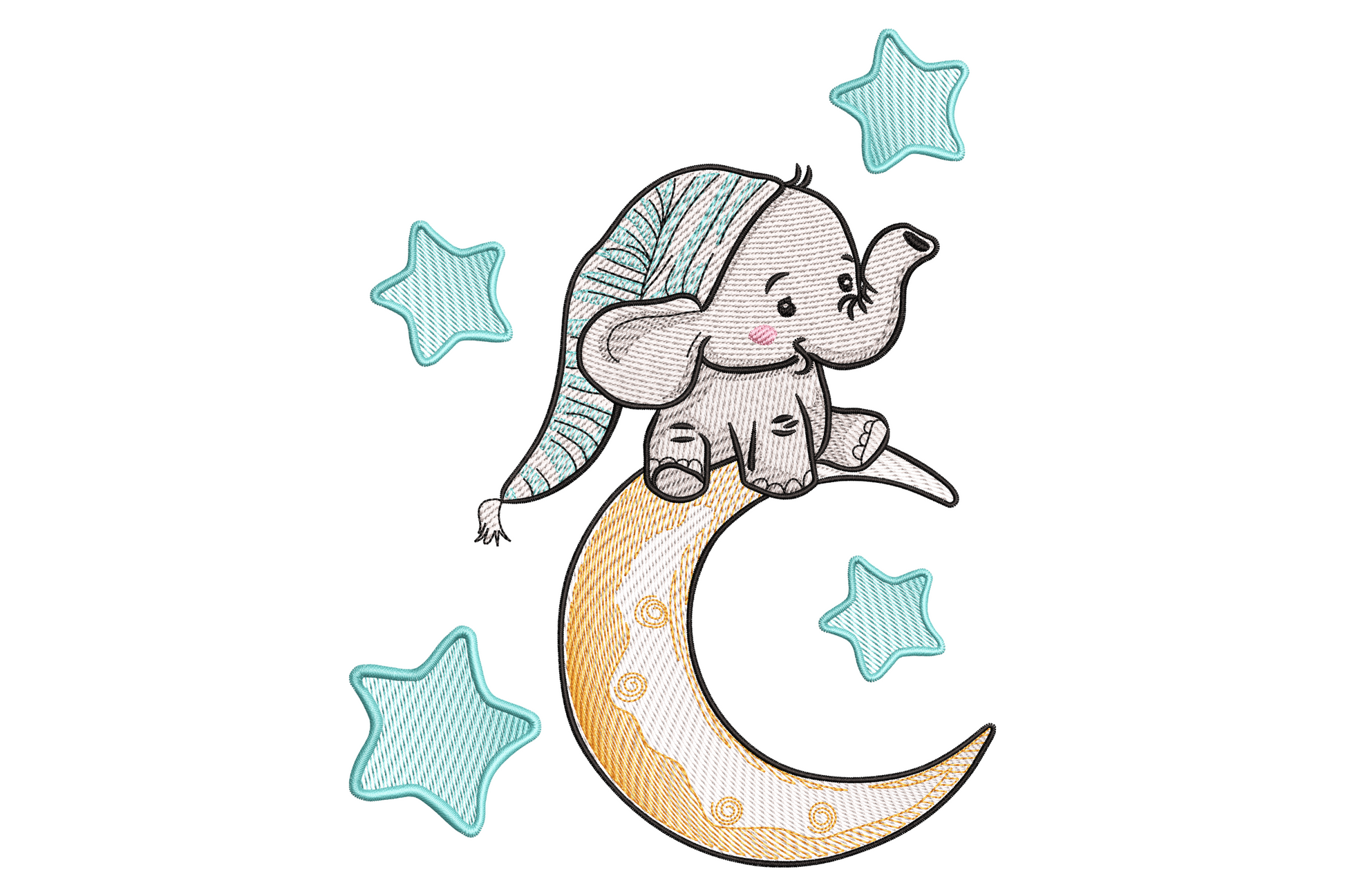 Baby elephant moon embroidery, tiny elephant in striped nightcap perched on golden crescent moon with teal outline stars on white ground.
