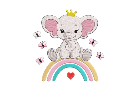 Cute baby elephant with gold crown sitting on a pastel rainbow embroidery design, with butterflies and a small heart, machine embroidery.