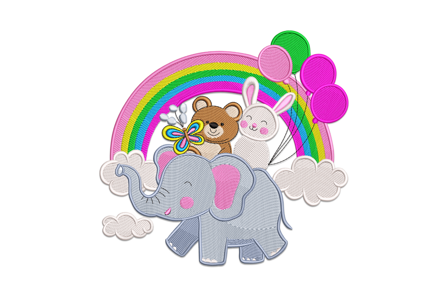 Cute baby elephant with teddy bear and bunny embroidery design, rainbow, balloons and clouds, soft nursery colours in 12 thread shades.