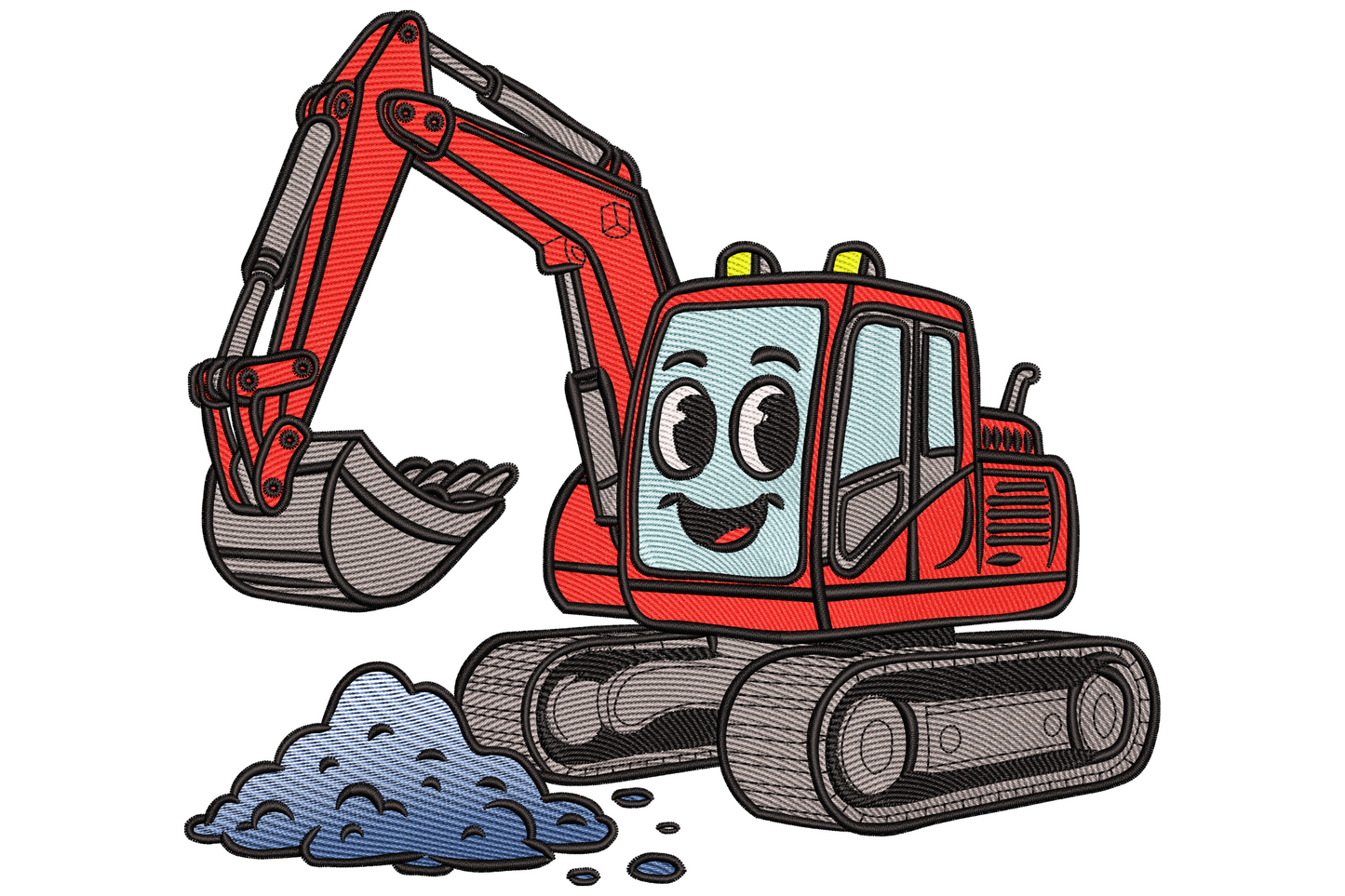 Cute red excavator cartoon embroidery with smiling cab, grey scoop arm, black tracks and a small grey pile of dirt rocks.