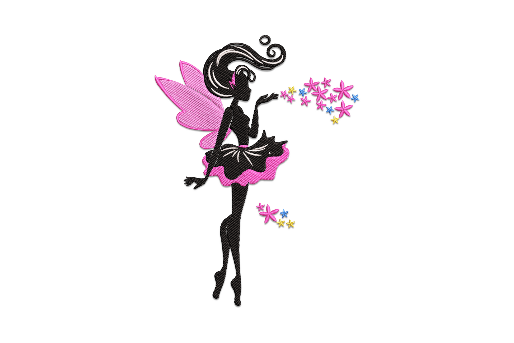 Cute fairy girl embroidery design with spread wings, flowing dress and wand detail in pastel thread colours on white cotton fabric