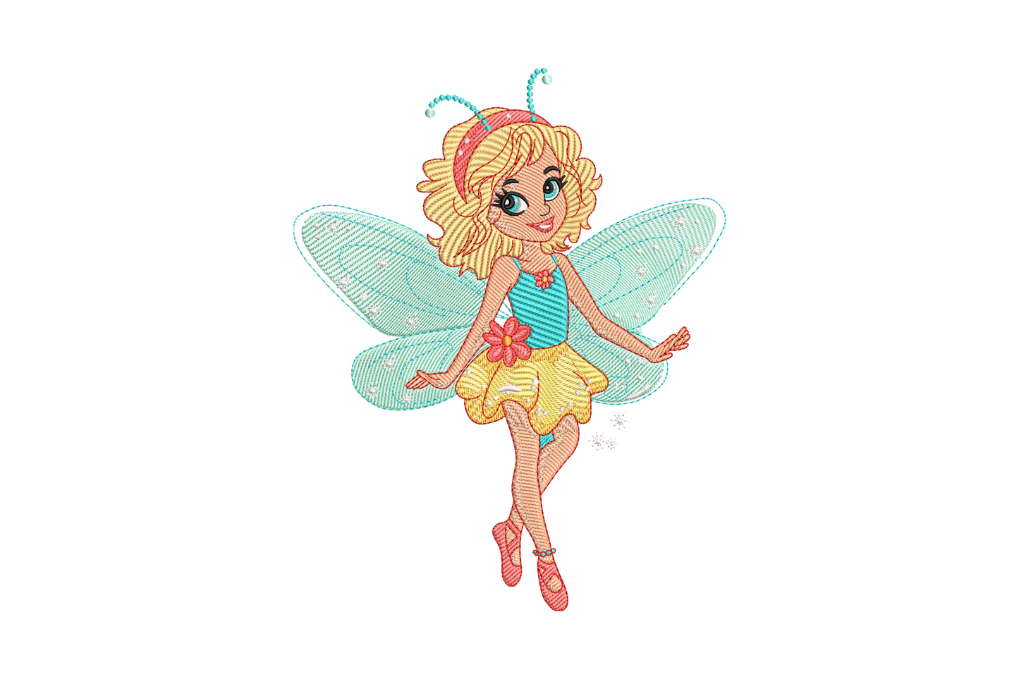 Cartoon fairy girl embroidery with blonde curls, mint translucent wings, yellow ruffled skirt and red ballet shoes