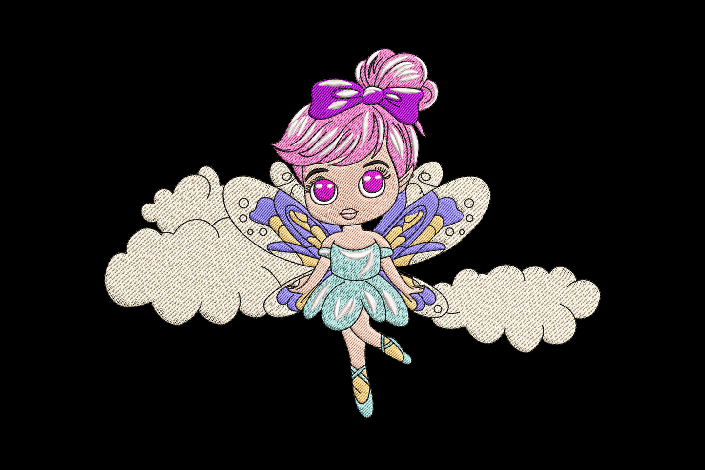 Cute fairy girl on cloud embroidery design, small fairy with wings sitting on a puffy cloud, 5 sizes for girls gifts and fantasy themed projects