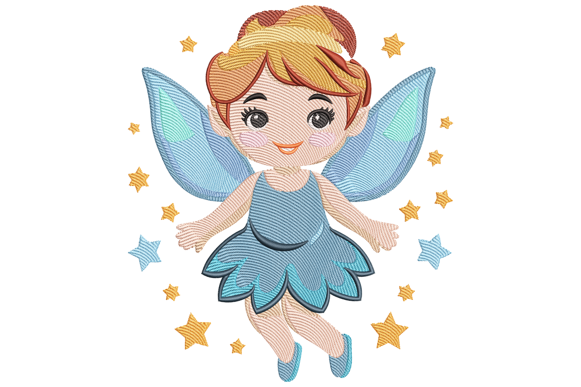 Chibi fairy girl embroidery with red bob, dusty blue petal dress, pale blue wings and butter yellow stars floating around.