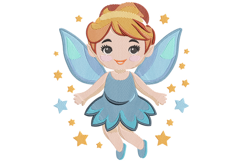 Chibi fairy girl embroidery with red bob, dusty blue petal dress, pale blue wings and butter yellow stars floating around.