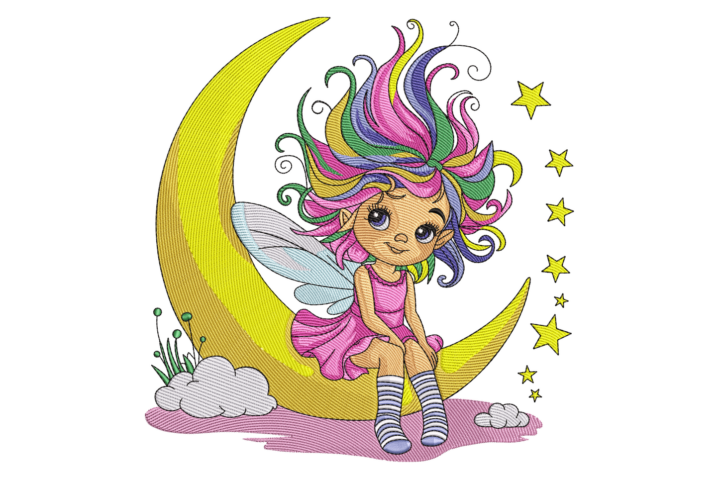 Machine embroidery design of a fairy with wings sitting on a crescent moon holding a star wand, surrounded by sparkles