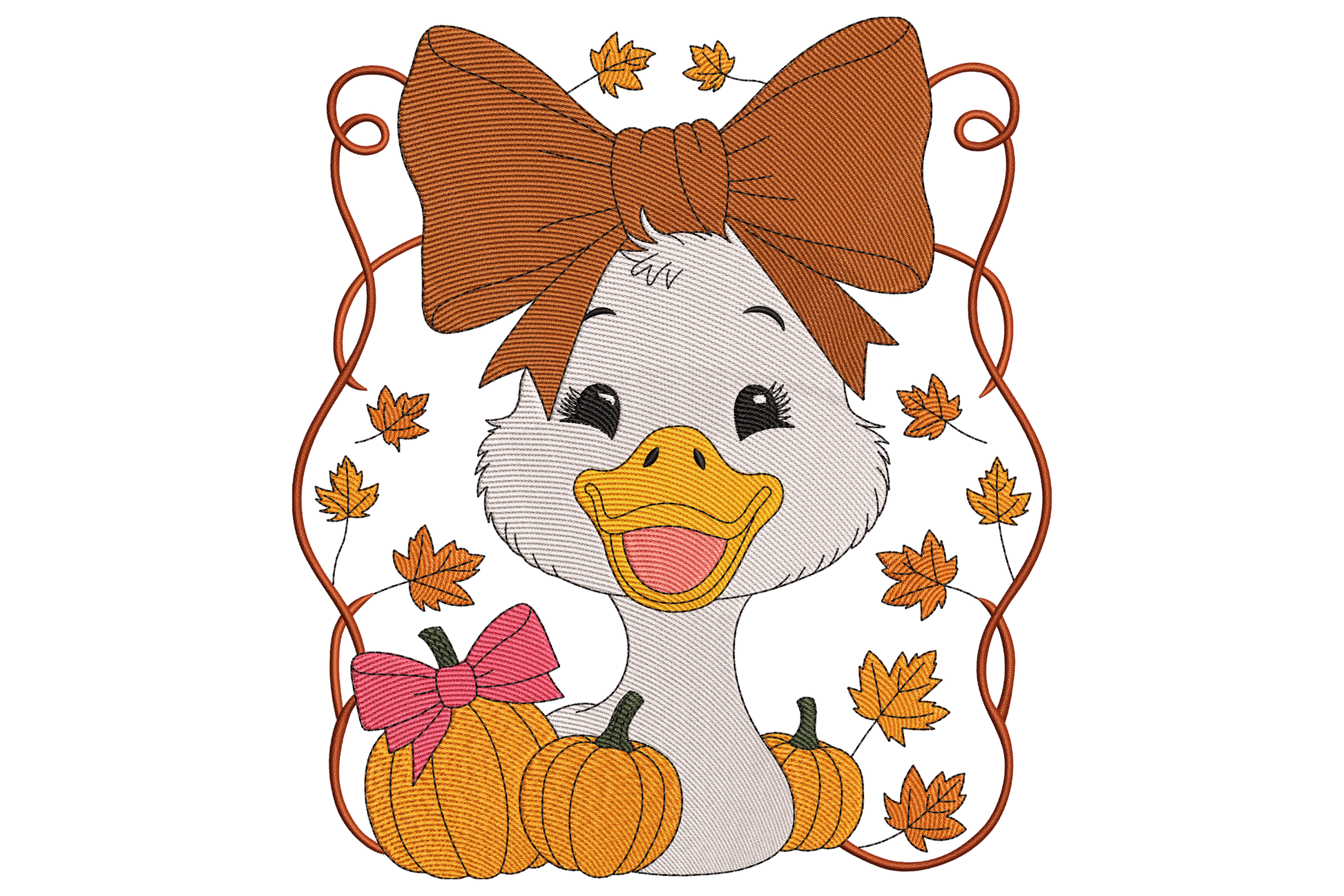 Cute round cartoon duck embroidery design in autumn colours, yellow body, orange bill, fall accessories, 12 thread colours, warm seasonal palette, 3.08 inches wide.
