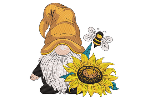 Fall gnome embroidery with tall mustard hat, sunflower and honey bee in warm autumn colours on cream fabric.