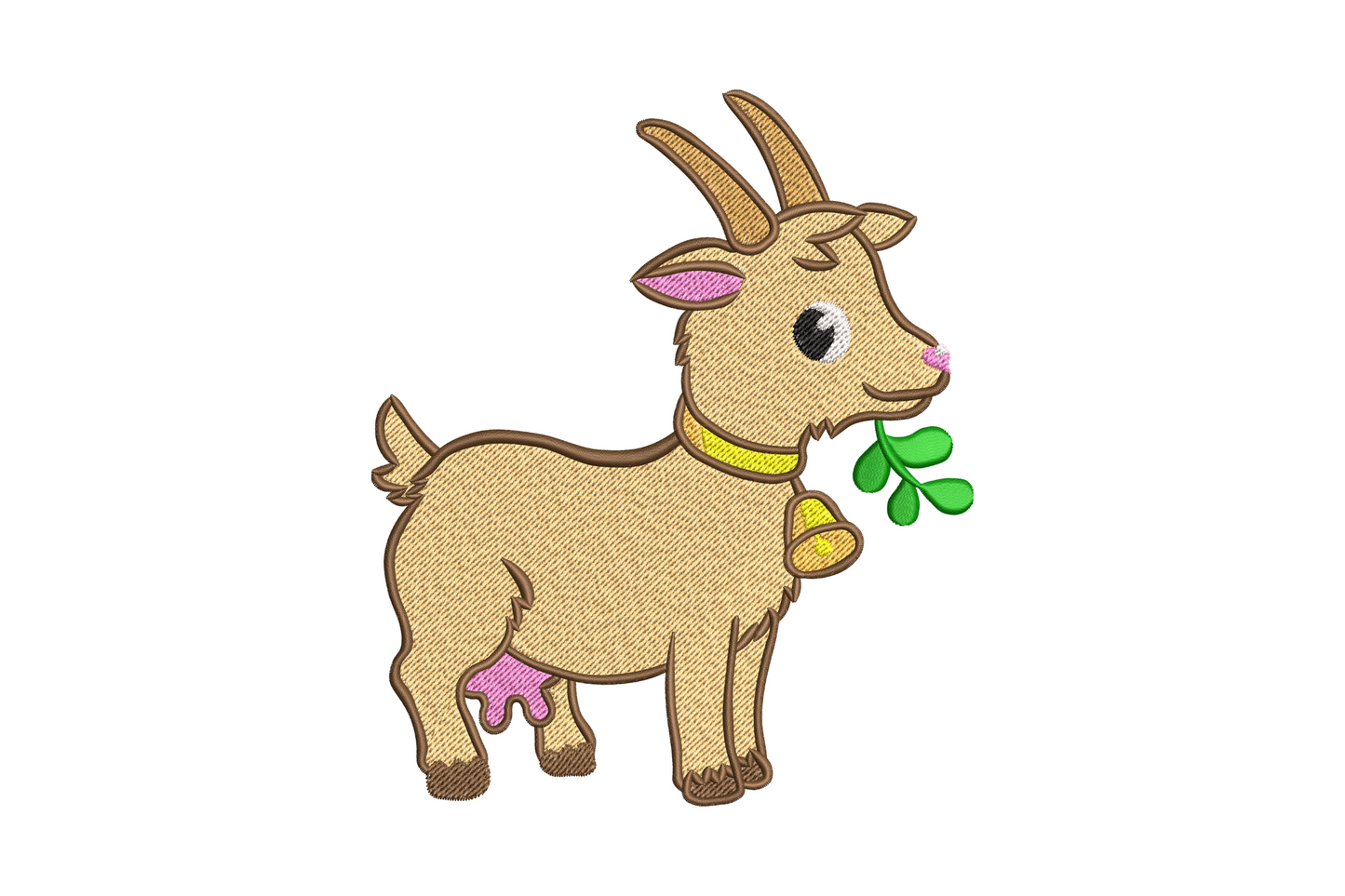 Cute farm goat with bell embroidery design showing a cartoon goat with white body chocolate horns and brass bell collar, machine embroidery instant download.