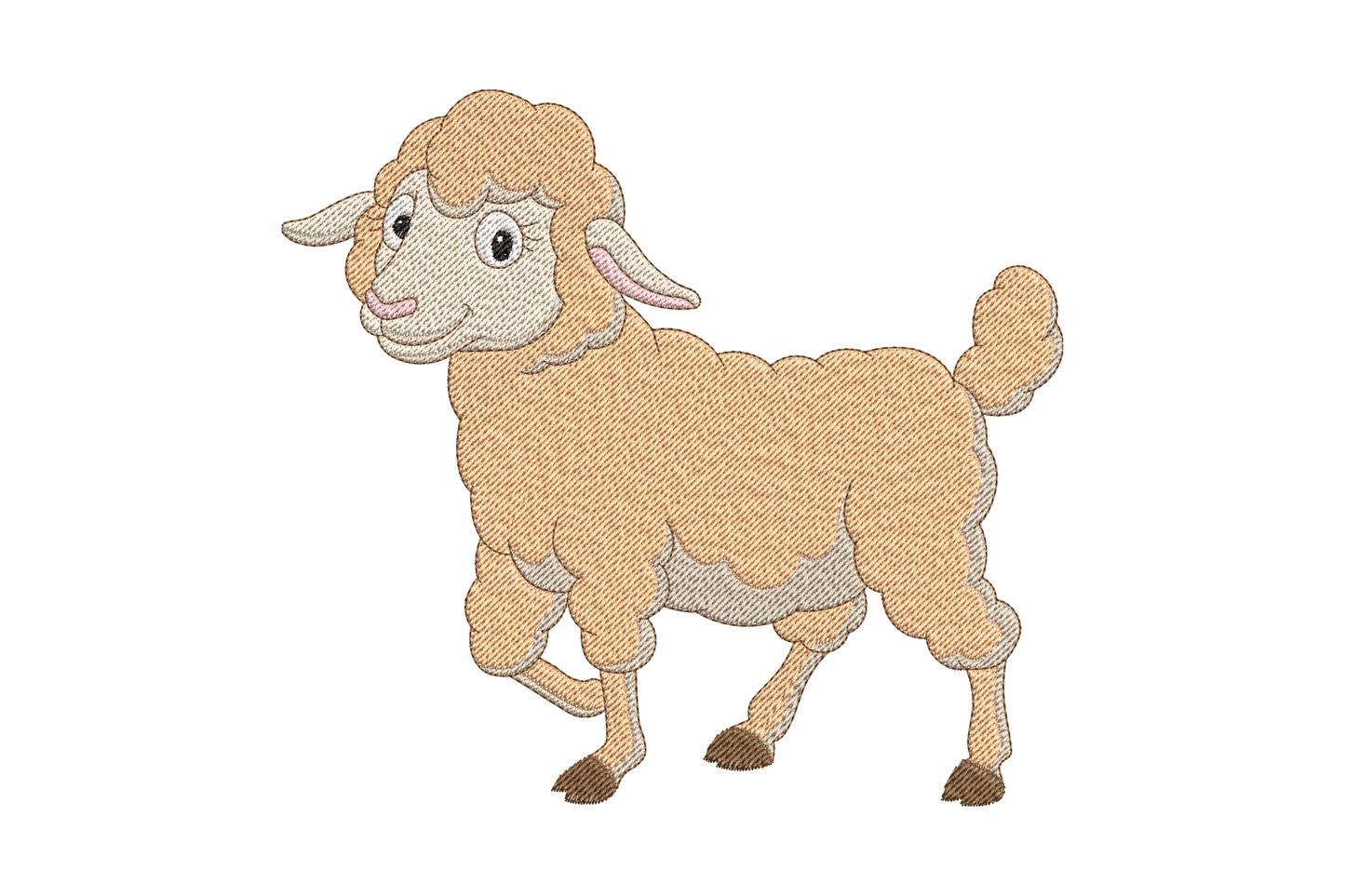 Cute farm lamb embroidery design showing woolly cartoon lamb with cream fleece body grey face and black hooves, machine embroidery instant download.
