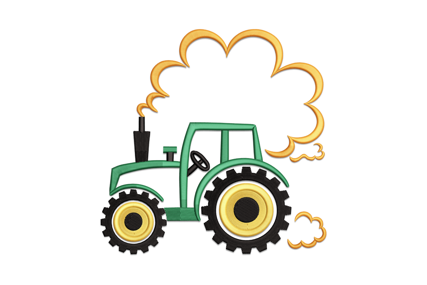 Cute farm tractor embroidery design, green cartoon tractor with yellow and black wheels and a large billowing gold exhaust smoke cloud.