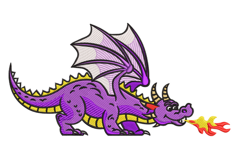 Cute chibi fire breathing dragon embroidery design with emerald green body, orange yellow flame, teal wings, cartoon style, 8 colours.