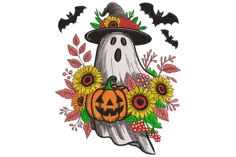 Cute floral ghost Halloween embroidery design with white ghost body topped with pink, lavender and coral flowers