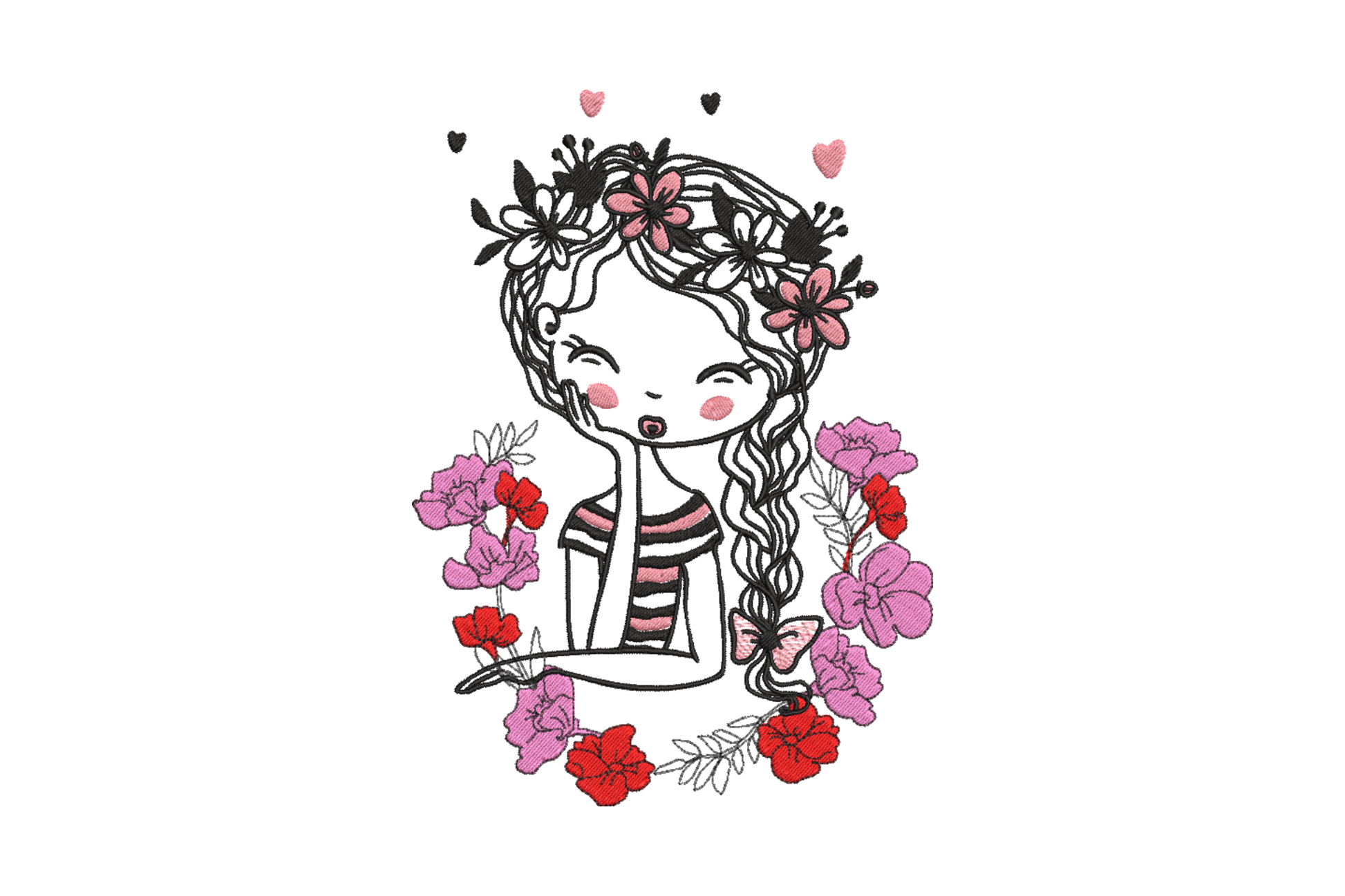 Floral girl embroidery with large flower crown and botanical dress in blush pink, sage green, cream, lilac and rose.