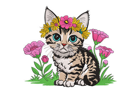 Tabby kitten embroidery design sitting upright with a flower crown of yellow daisies and pink blossoms, vivid blue eyes, surrounded by tall pink poppy blooms and green grass in 11 colours.