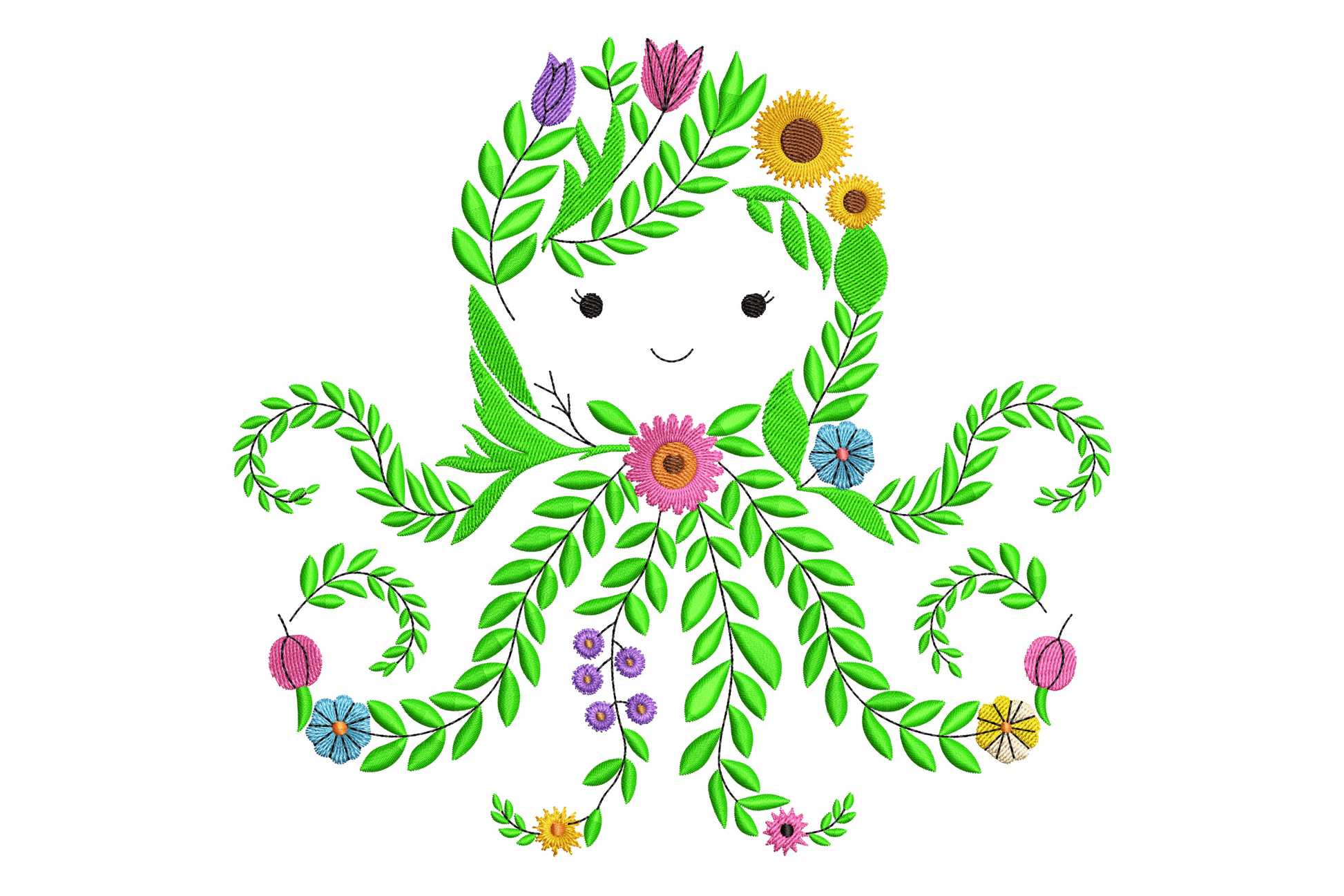 Kawaii octopus embroidery made from green leafy vines with a tiny smiling face and flowers including sunflower, tulips and daisies at tentacle tips.