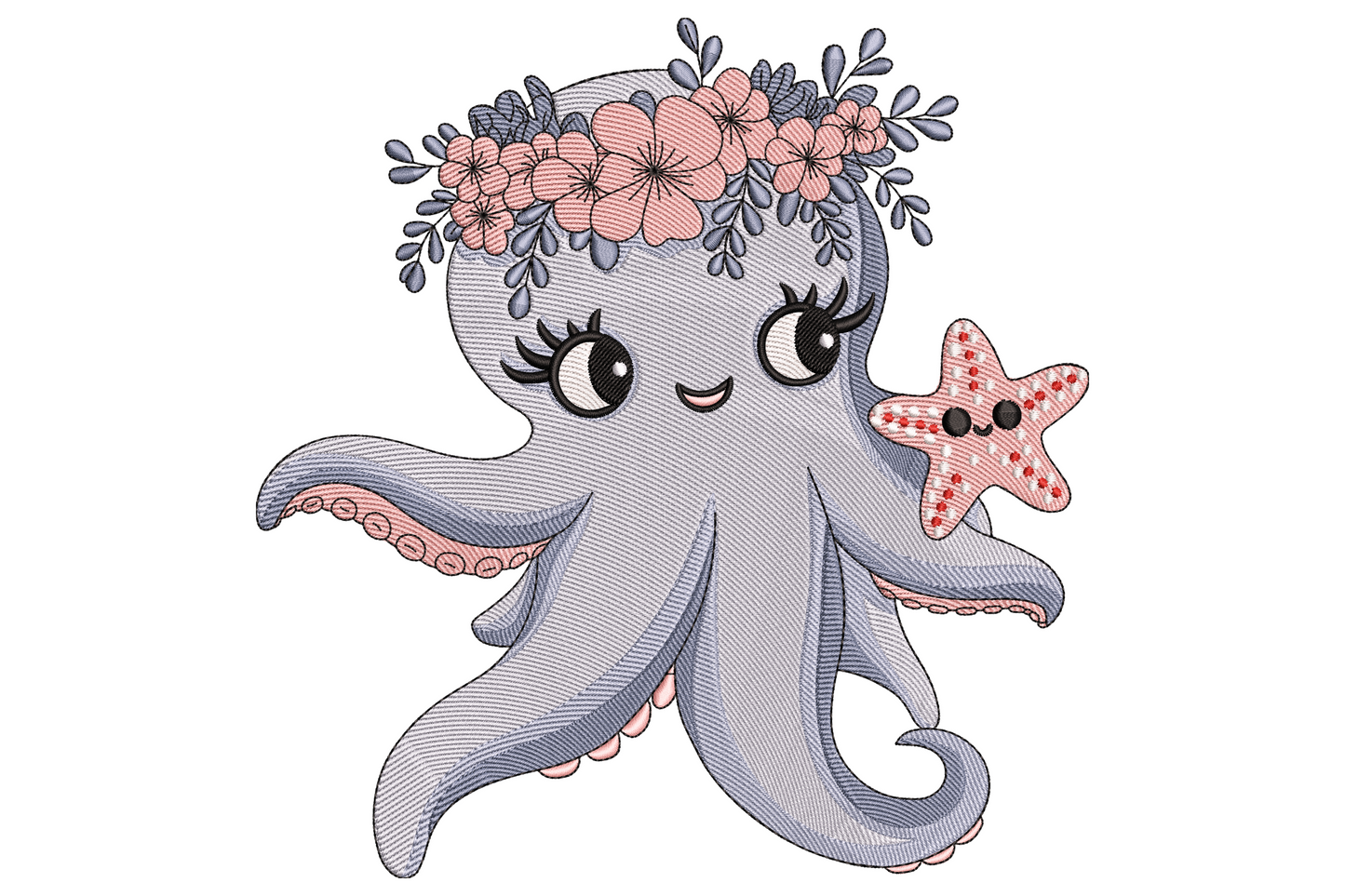 Cute floral octopus embroidery design, lavender round octopus with pink flower crown and smiling starfish friend, nursery ocean theme.