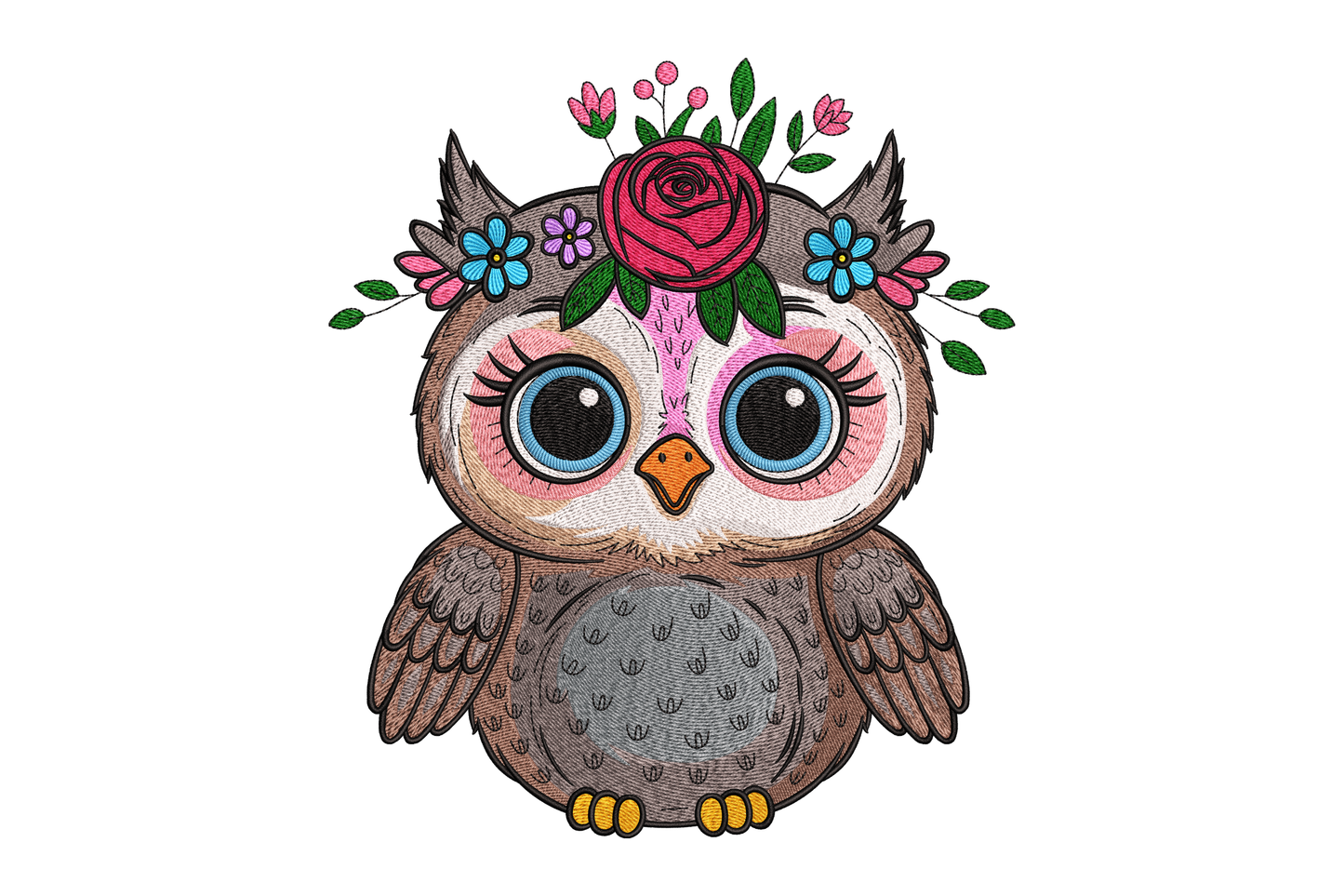 Cartoon owl with floral headband on a white background