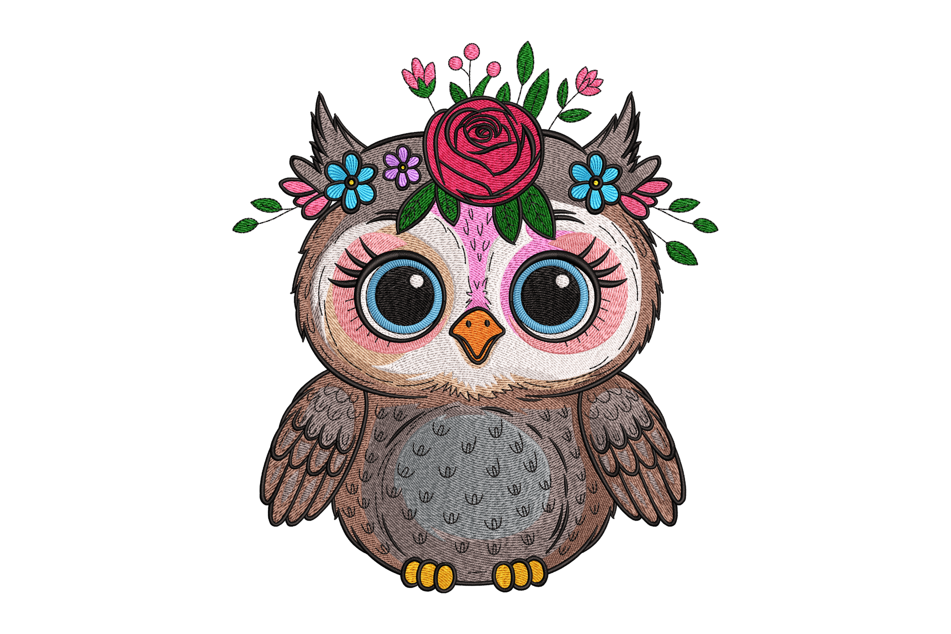 Cartoon owl with floral headband on a white background