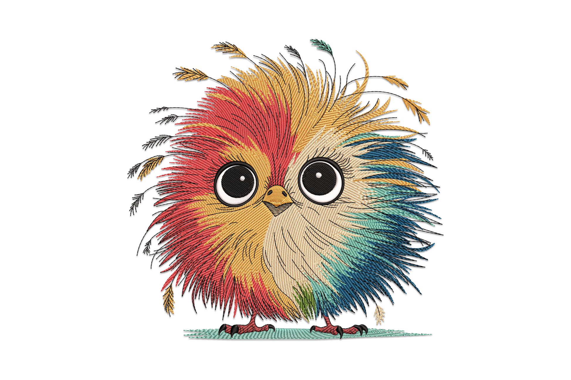 Cute fluffy cartoon bird embroidery design, round body with wild multicolour spiky feathers in red, teal, green and tan, huge dark eyes.