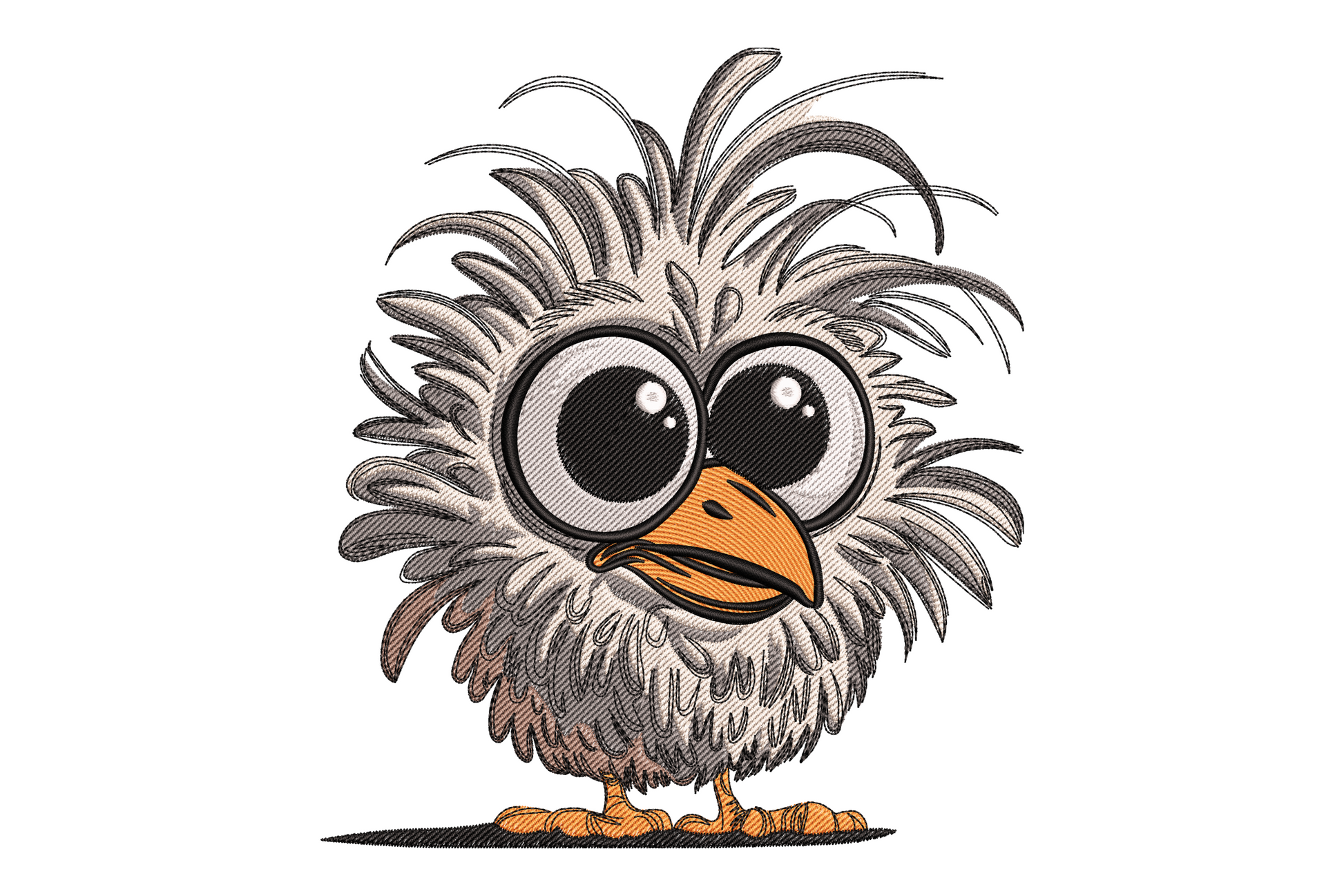 Cute fluffy cartoon bird embroidery design, round puffball shape, butter yellow with cream underbelly, tiny orange beak, wide eyes, 7 colours.