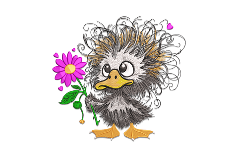 Cute fluffy cartoon bird with wild swirly feathers holding a bright pink daisy, orange beak and feet, small floating hearts, highly detailed kawaii embroidery design.