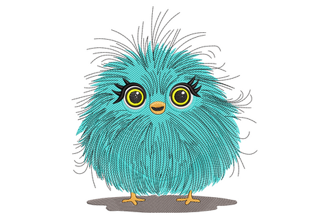 Fluffy blue chick embroidery with teal wispy feathers, huge eyelash eyes, yellow beak and tiny feet on white background.