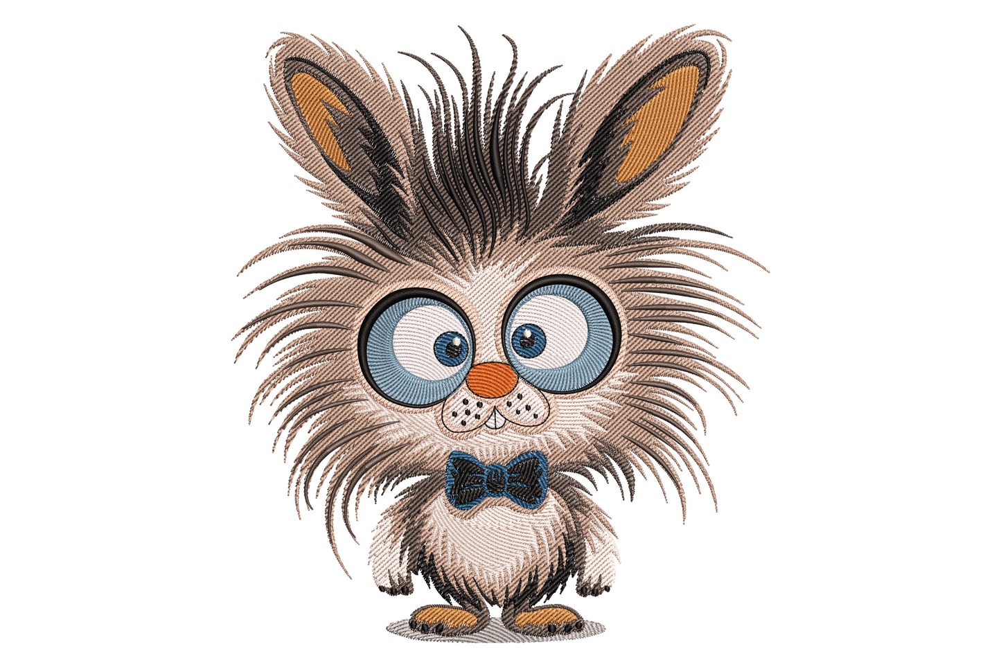 Fluffy cartoon bunny embroidery design standing upright with wild spiky brown fur radiating outward, huge round blue eyes, orange nose and a navy bow tie.