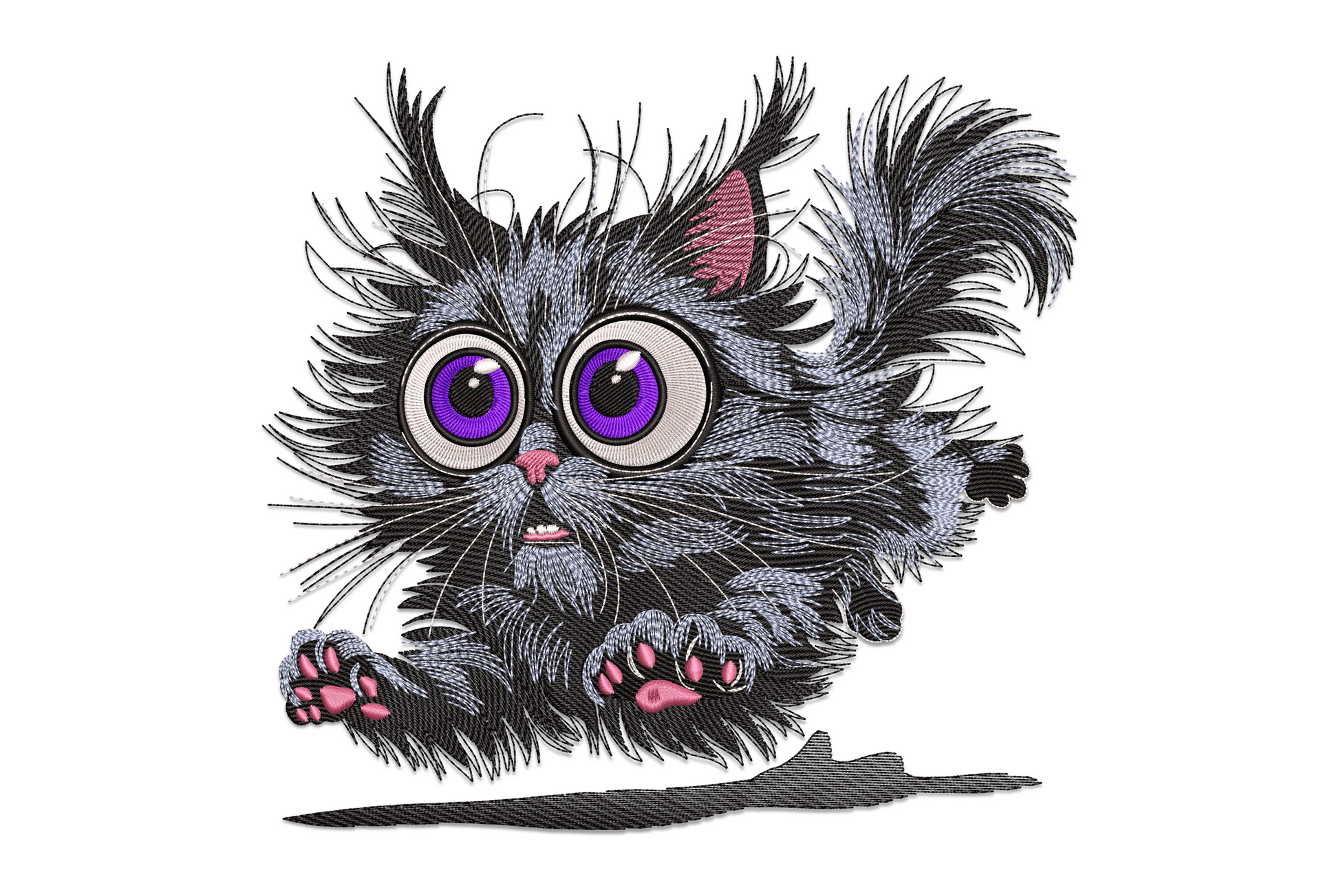 Fluffy round kitten embroidery with oversized purple eyes, scruffy grey fur radiating outward, pink nose and paws