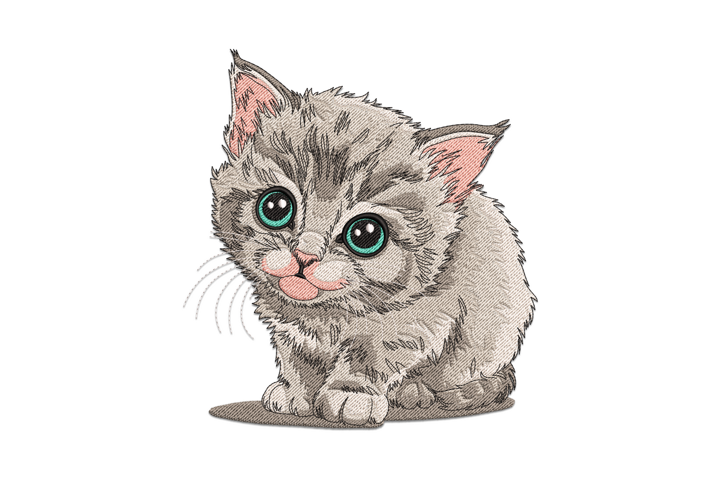 Fluffy kitten machine embroidery design with textured fur stitching, round face, big eyes and pink inner ears in soft grey tones
