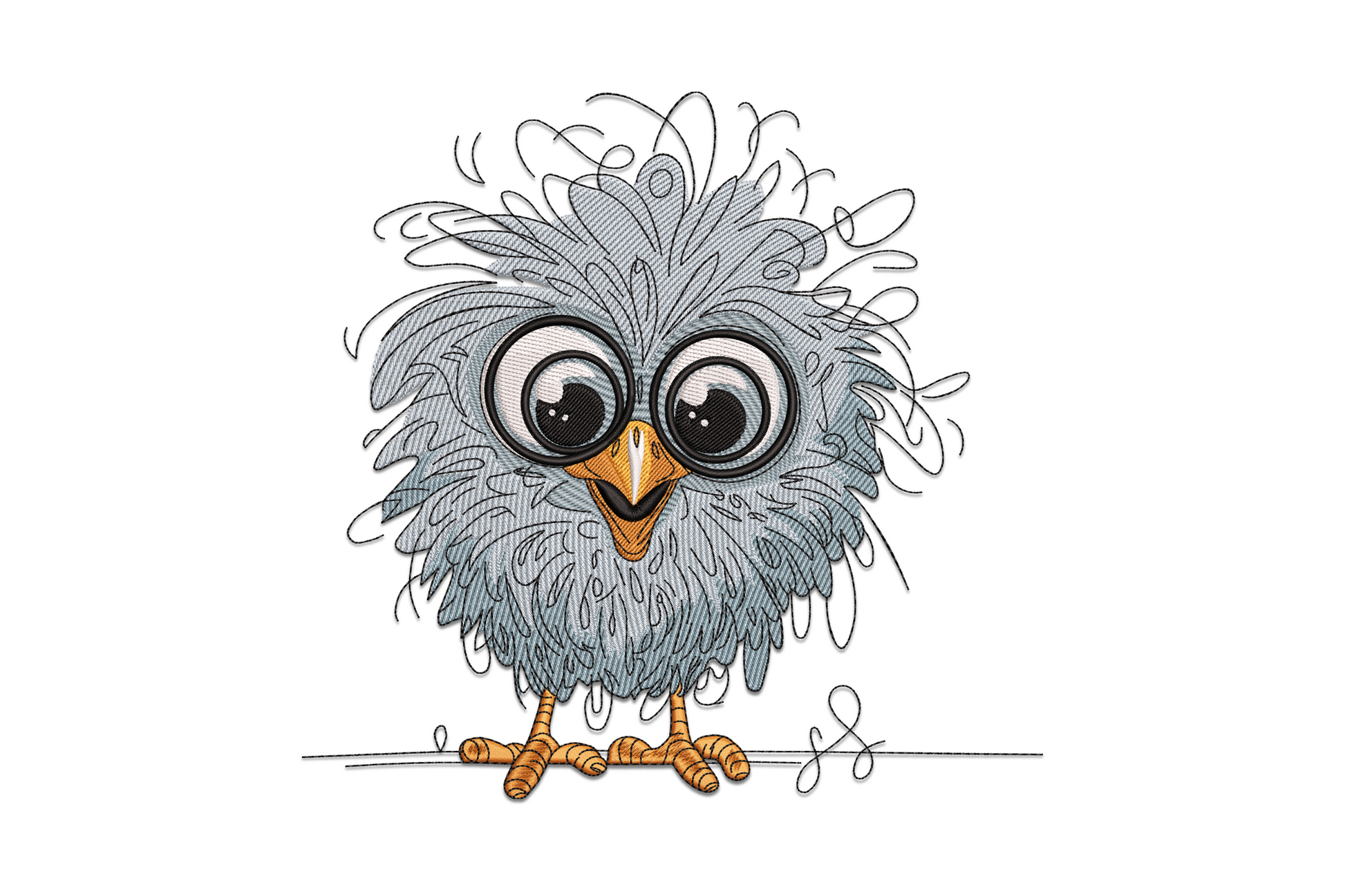 Round fluffy owl embroidery, warm brown and tan layered feathers, cream belly, wide eyes, orange beak on cream fabric