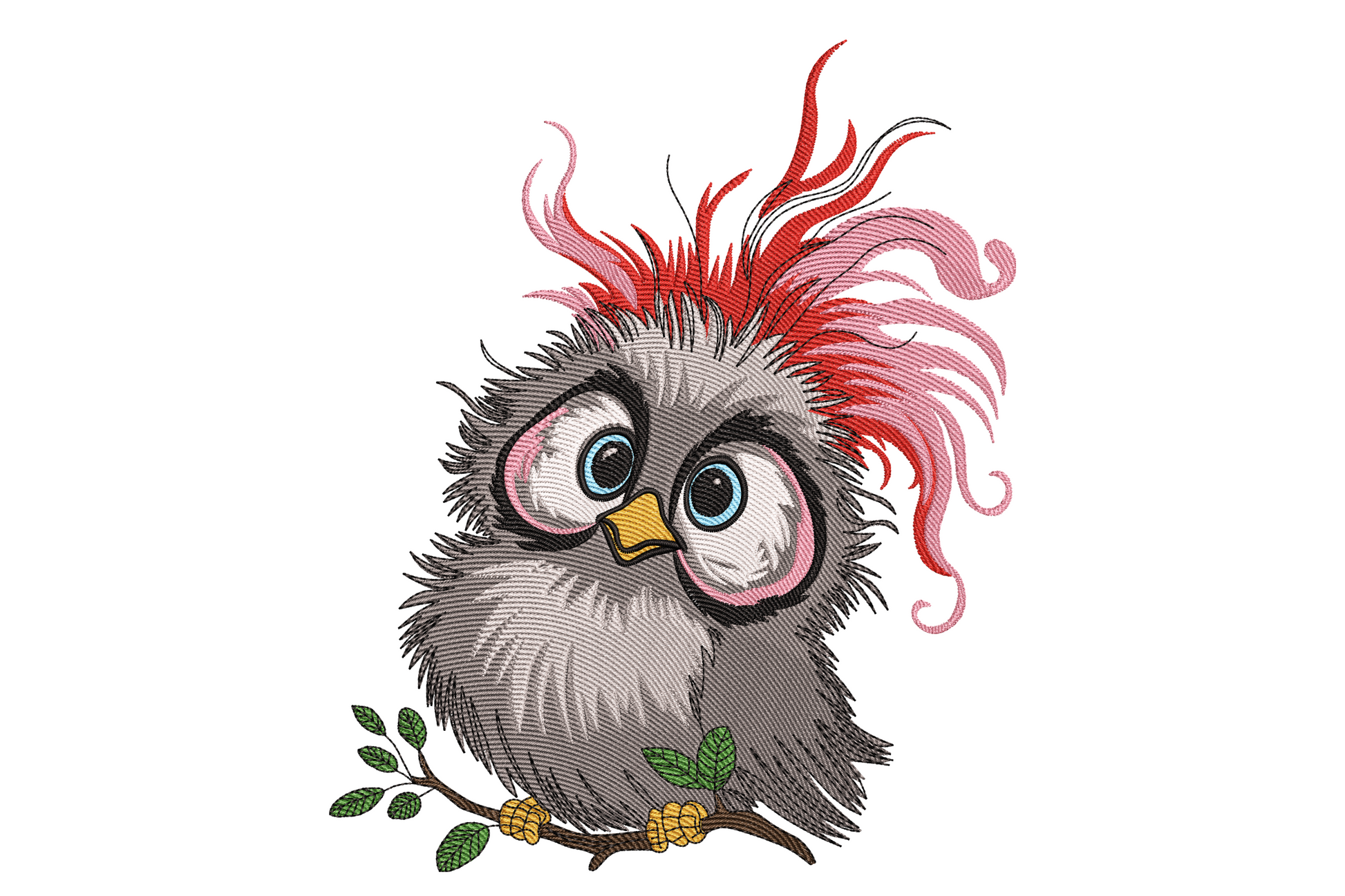 Fluffy owl perched on branch machine embroidery design with layered brown feather texture, amber eyes and cream face disc