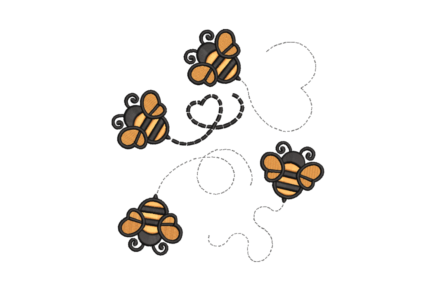 Four orange and black cartoon bees scattered in flight around a small dashed heart, kawaii style embroidery