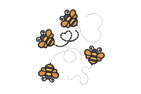 Four orange and black cartoon bees scattered in flight around a small dashed heart, kawaii style embroidery