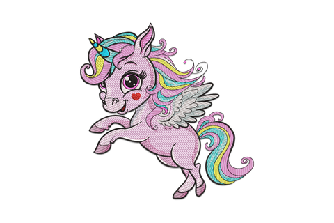 Cartoon flying unicorn embroidery design with white wings, pastel pink body and flowing rainbow mane in pink yellow aqua and blue