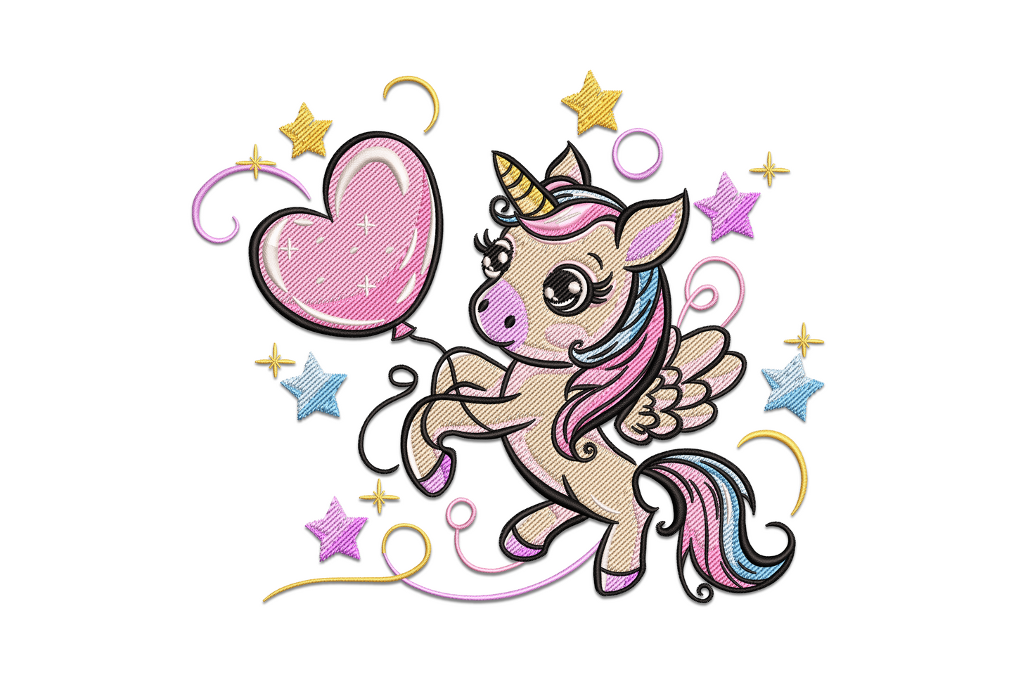 Kawaii flying unicorn embroidery design with pink heart balloon, gold and lavender stars, hot pink mane and sky blue tail streak on white.