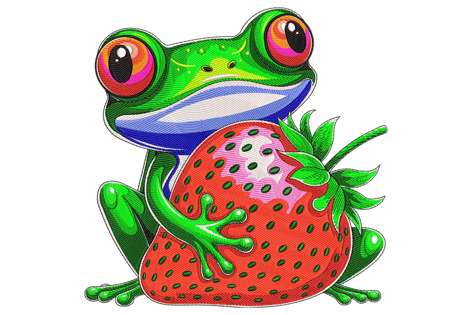 Cute green tree frog embroidery hugging giant red strawberry with sparkly rainbow jewel eyes and green leafy crown